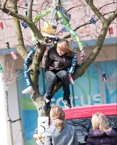 Surowce wtórne zawisły na drzewach przy Focusie