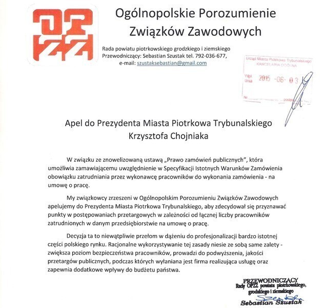 Związki apelują do prezydenta Chojniaka