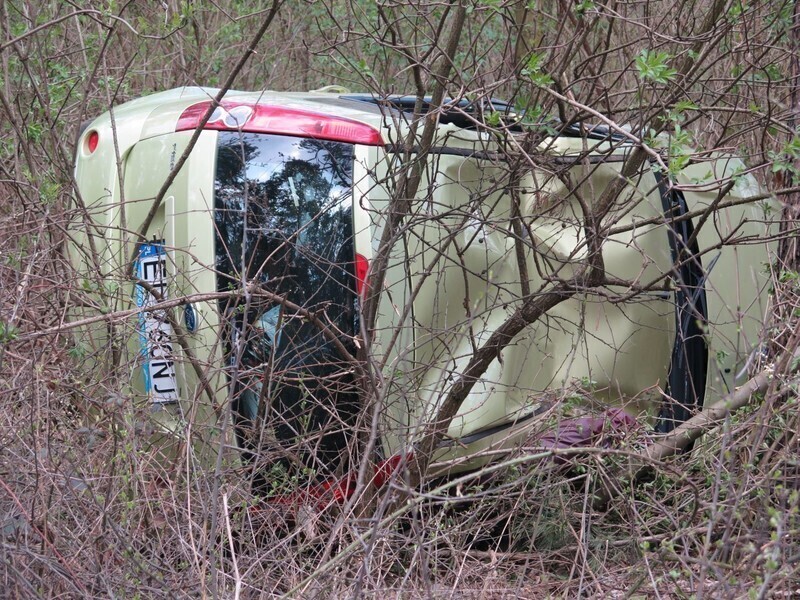 Zdjęcie 6: Wypadek przed Poniatowem. Fiesta wylądowała w lesie