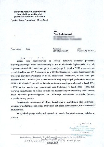 IPN nie potwierdza doniesień piotrkowian