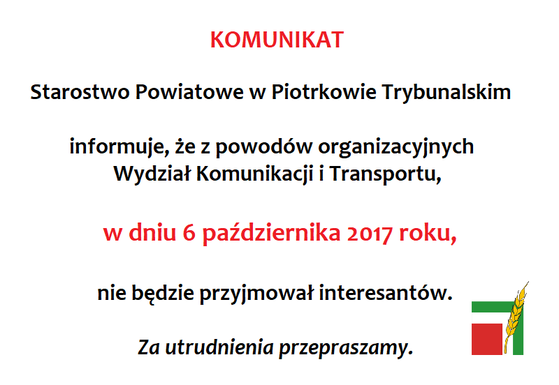 6.X. Wydział Komunikacji starostwa będzie zamknięty
