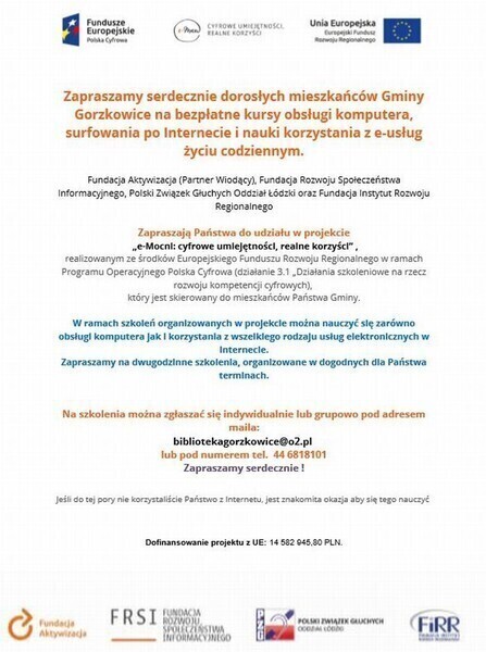 Bezpłatny kurs obsługi komputera dla mieszkańców gminy Gorzkowice
