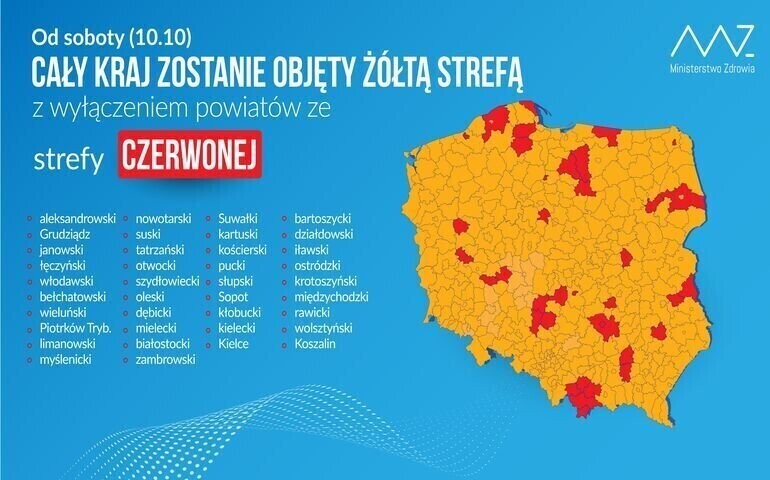 Od soboty cała Polska żółta. Piotrków w strefie czerwonej