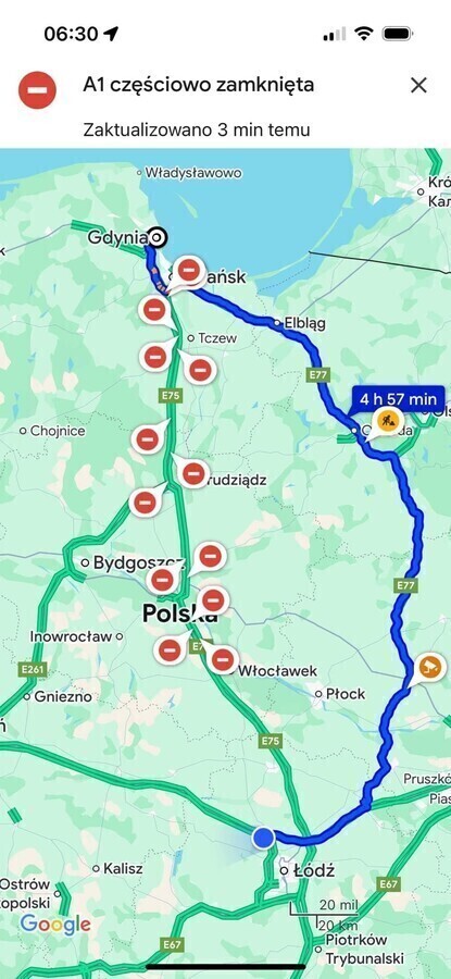 Autostrada A1 zamknięta - tak pokazują mapy Google