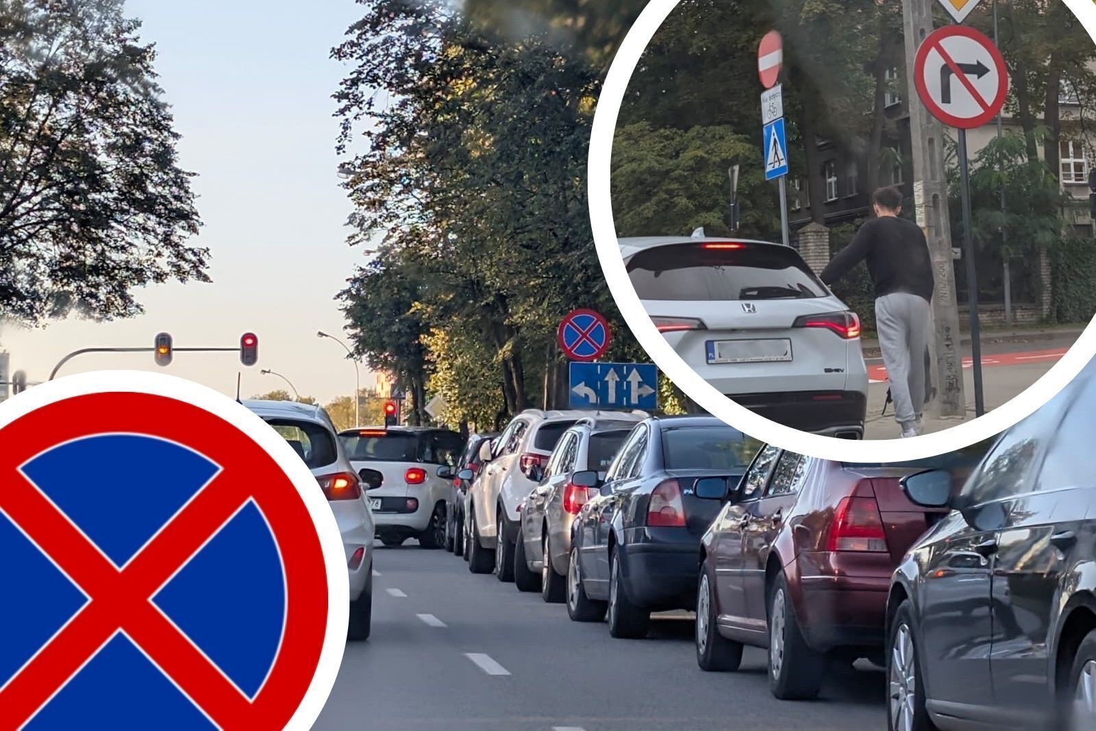 Młodzież wysiada na środku drogi. Zakaz parkowania w Al. Armii Krajowej