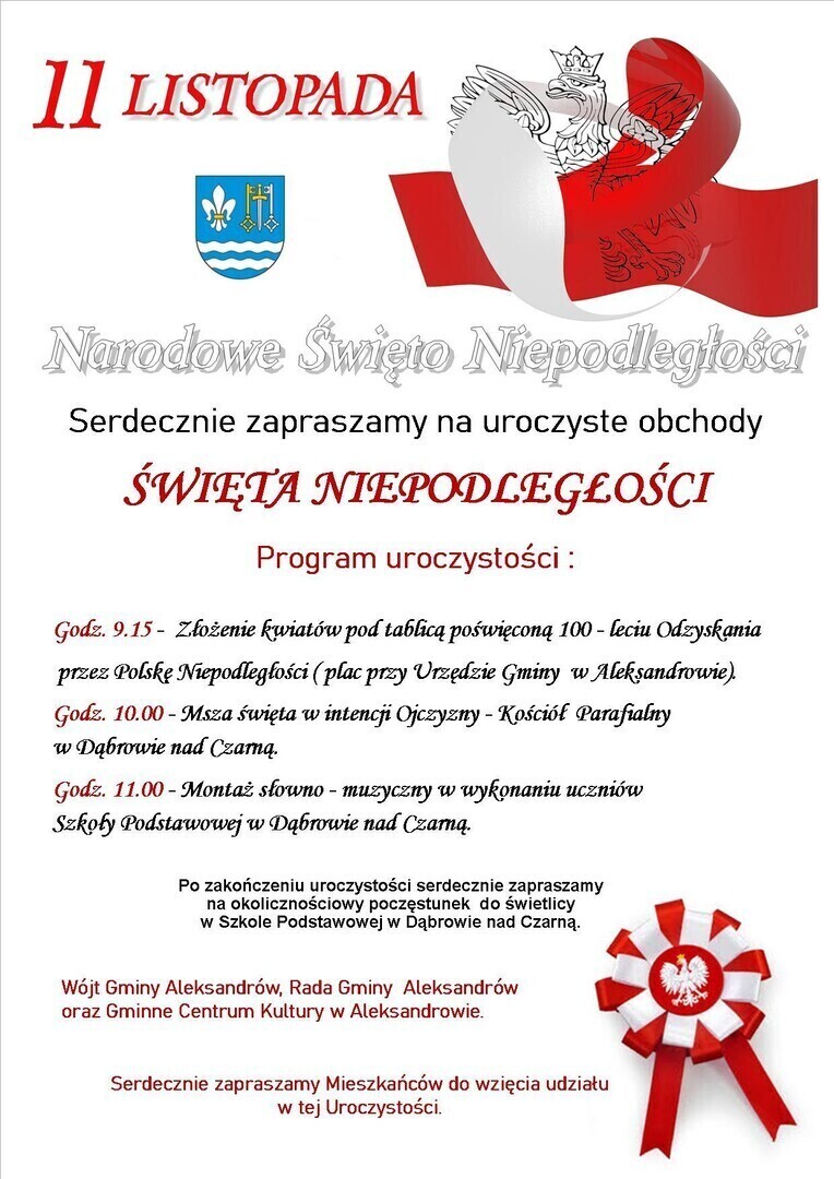 W tym roku Gmina Aleksandrów zaprasza mieszkańców na obchody 11-go listopada do Dąbrowy nad Czarną