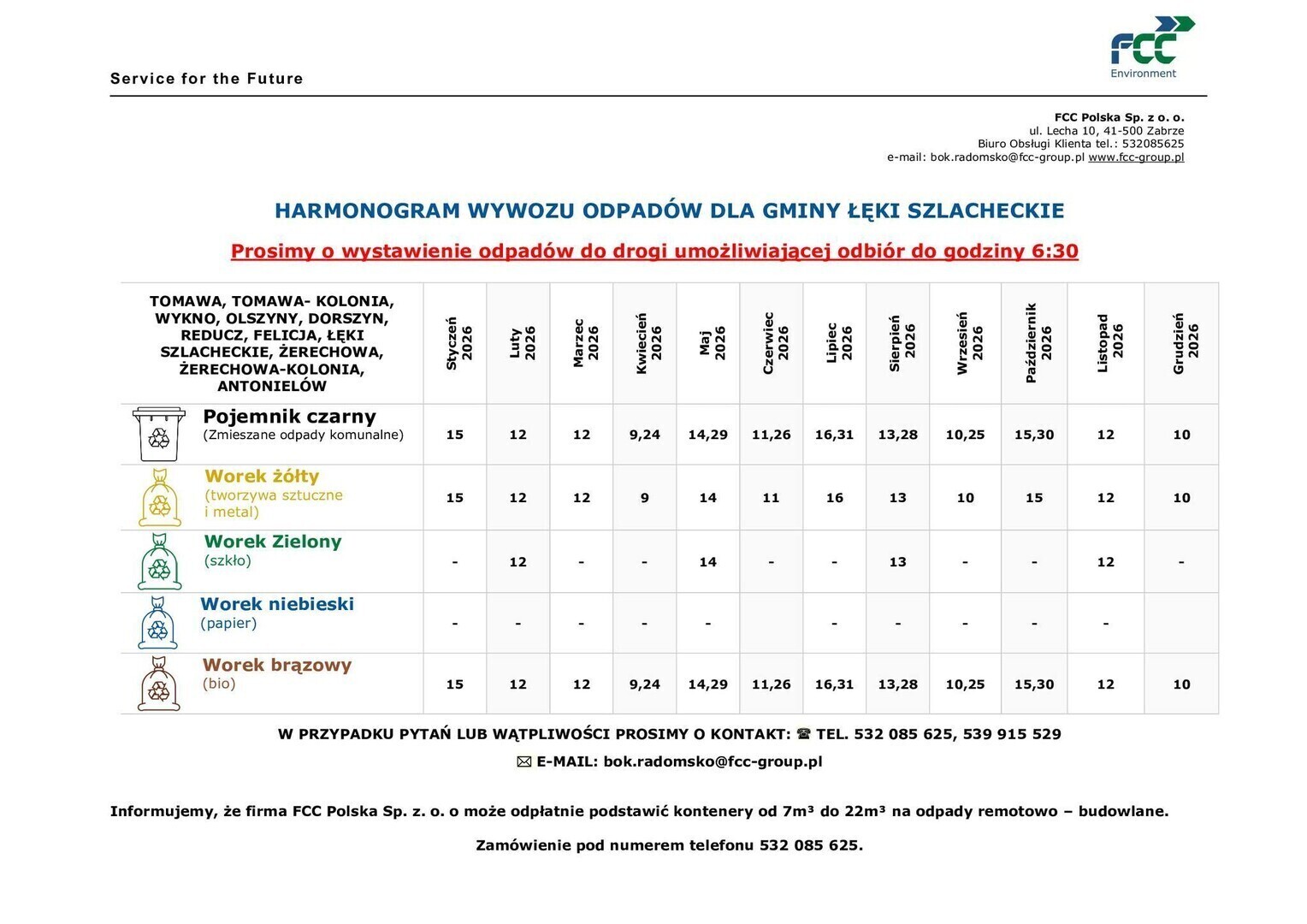 Nowy harmonogram wywozu odpadów w gminie Łęki Szlacheckie