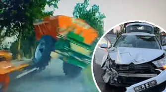 Wypadek koło Rozprzy. Maszyna rolnicza spadła z ciężarówki na nadjeżdżające auto osobowe. Dwie osoby trafiły do szpitala. Mamy nagranie ze zdarzenia!