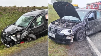 Groźny wypadek na DK12 koło Srocka – Peugeot uderzył w przyczepkę Volkswagena, droga całkowicie zablokowana, są osoby poszkodowane