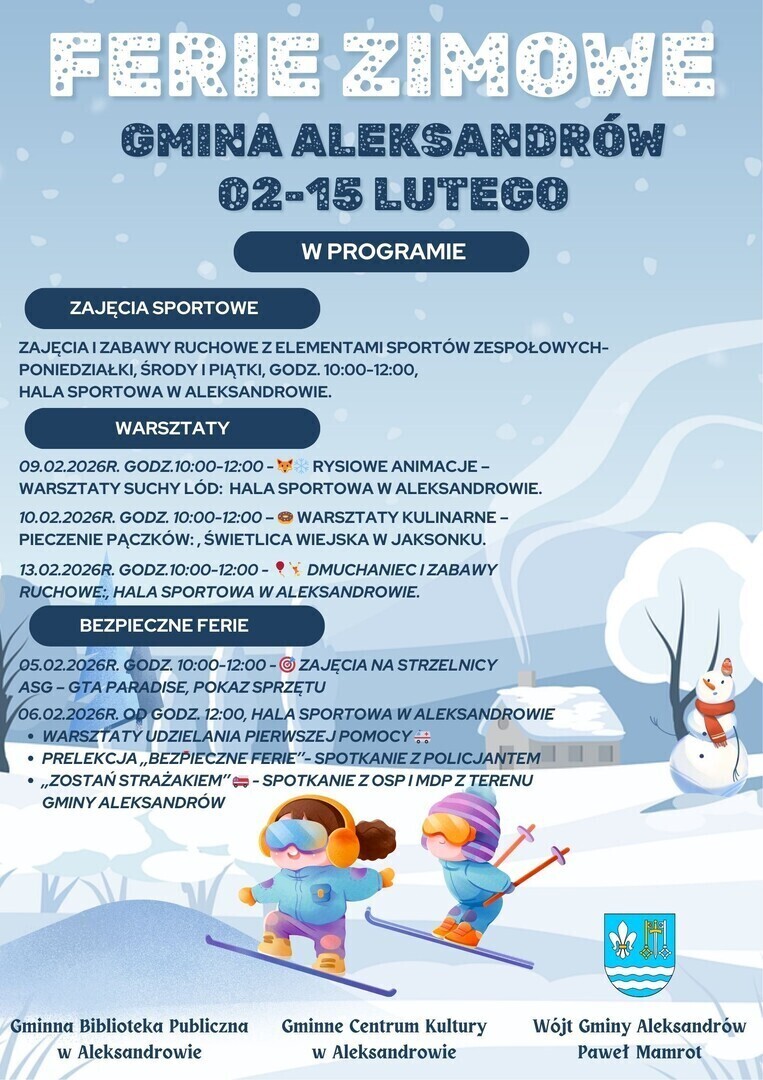 Ferie zimowe w Gminie Aleksandrów. Sport warsztaty i Bezpieczne Ferie dla dzieci i młodzieży