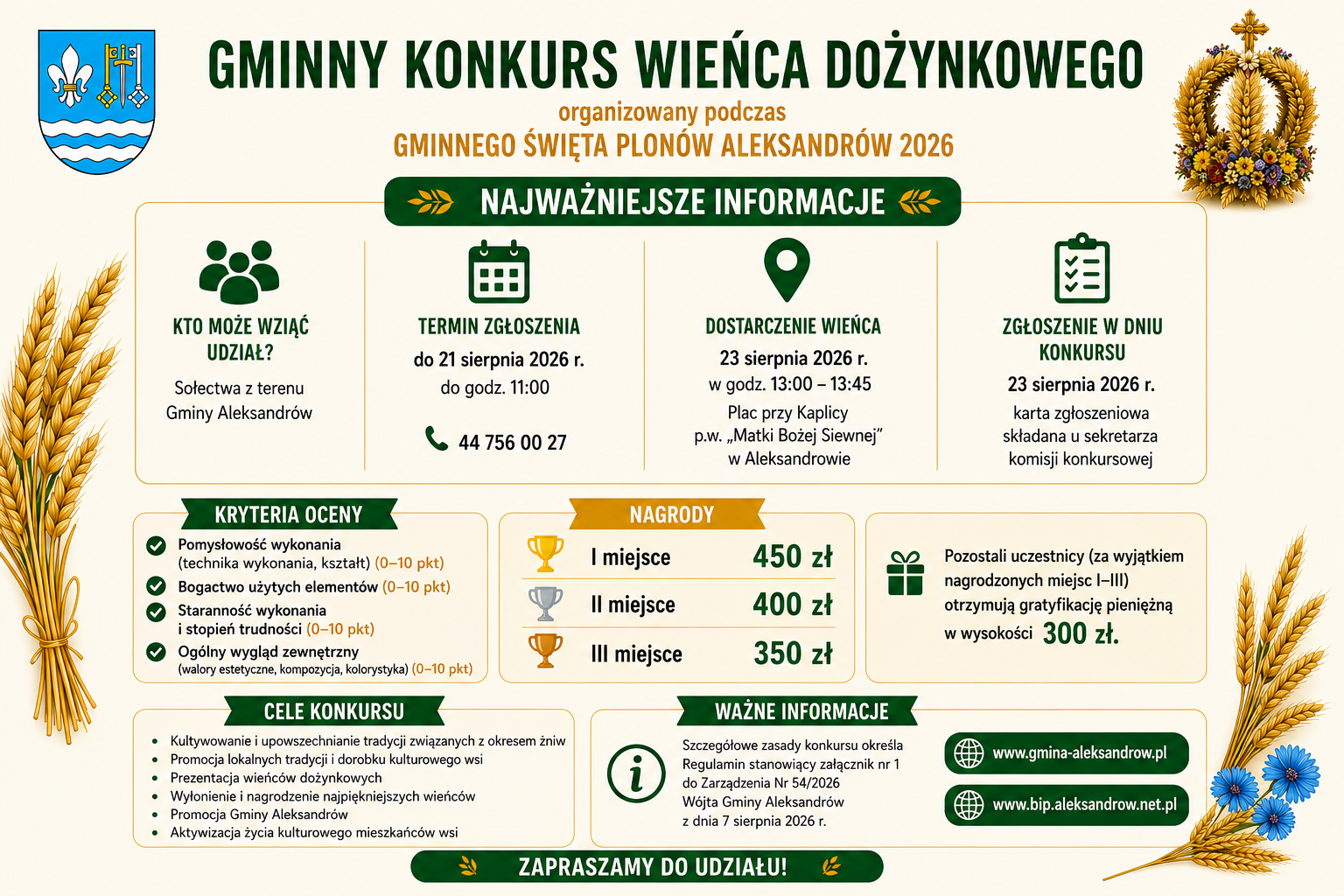 Wieńce dożynkowe będą rywalizować w Aleksandrowie. Są nagrody pieniężne