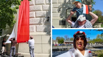 25-metrowa flaga na wieży ciśnień. Piotrków uczcił Dzień Flagi symbolem jedności