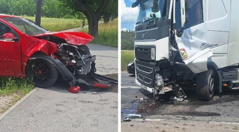 Groźny wypadek na DK12 w Korytnicy pod Piotrkowem. Czołowe zderzenie ciężarówki i osobówki, uszkodzone cztery pojazdy. Droga jest  zablokowana
