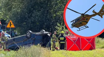 Bus wypadł z drogi i dachował. Ciężko ranny mężczyzna przetransportowany LPR-em. Kierowca z ponad 3,5 promila?