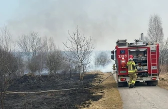Ogromny pożar. Płoną łąki w mieście. Cztery zastępy strażackie próbują opanować żywioł.